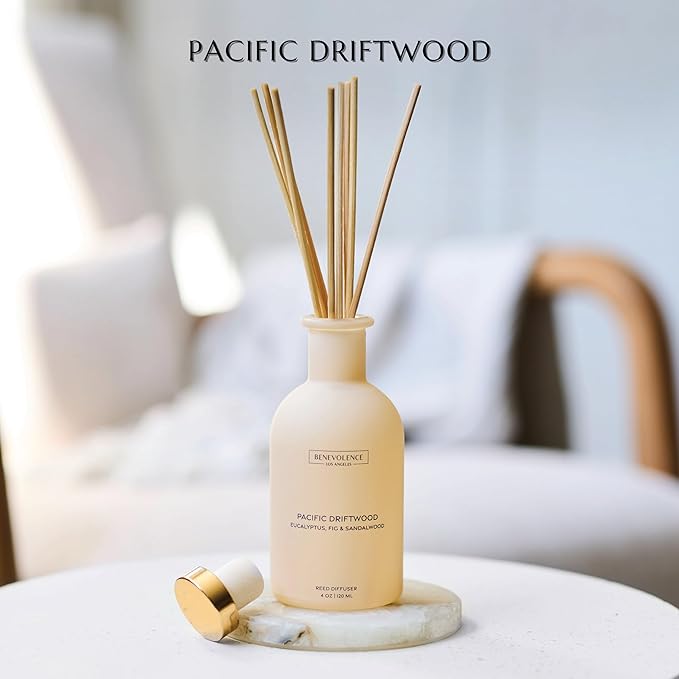 Benevolence LA Reed Diffuser for Home | Eucalyptus, Fig & Sandalwood | Elegant Home & Bathroom Decor | Fragrance Diffuser with Sticks for Bathroom - Malibu Sands Collection