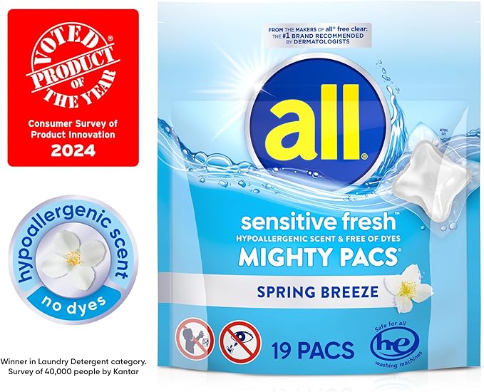 all sensitive fresh, Spring Breeze, MIGHTY PACS Scented Laundry Detergent for Sensitive Skin, Hypoallergenic, 19 Count (Pack of 6)