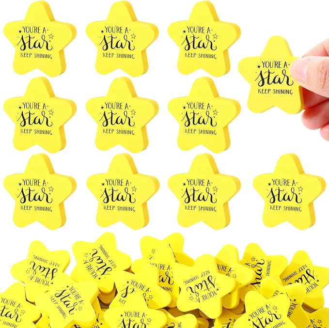 Spakon 25 Pcs Inspirational Star Erasers for Kids Bulk Cute Back to School Erasers 1.57" Fun Eraser for Classroom Prize You're A Star Yellow Motivational Gift for School Student Rewards