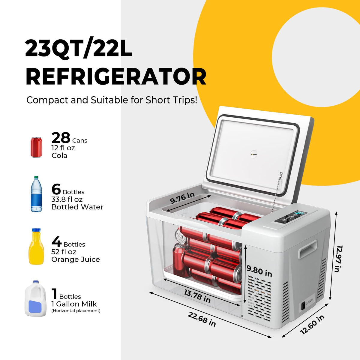 BougeRV 12 Volt Refrigerator 12V Car Fridge 23 Quart Portable Freezer Compressor Cooler 12/24V DC 110~240 Volt AC for Truck Van RV Camper SUV Travel Camping Road Trips Tailgating -8℉~50℉