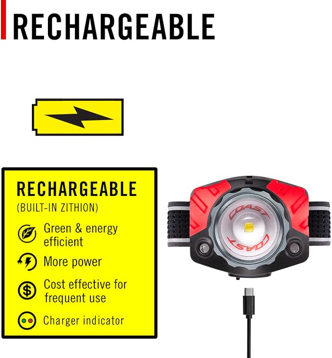 Coast® FL85R 1000 Lumen Tri-Color (White/Red/Green) Focusing Rechargeable LED Headlamp, Built-in Rechargeable Battery