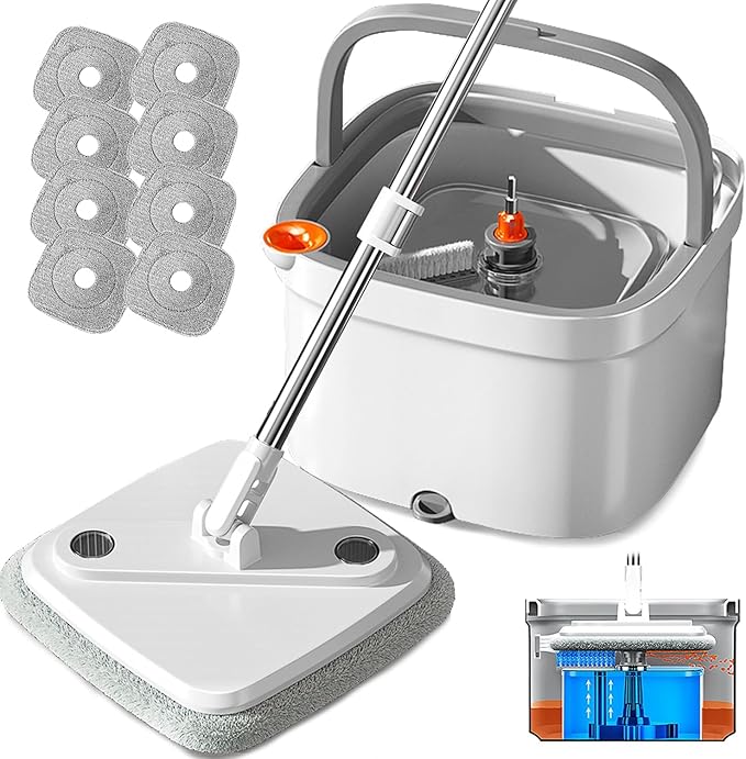 KZKR Spin Mop and Bucket Set with Self Separation Dirty and Clean Water System, Self Wringing 360° Rotating Square Mop Head for Home Floors Cleaning (1.0 Mop and Bucket Set (10 Pads))