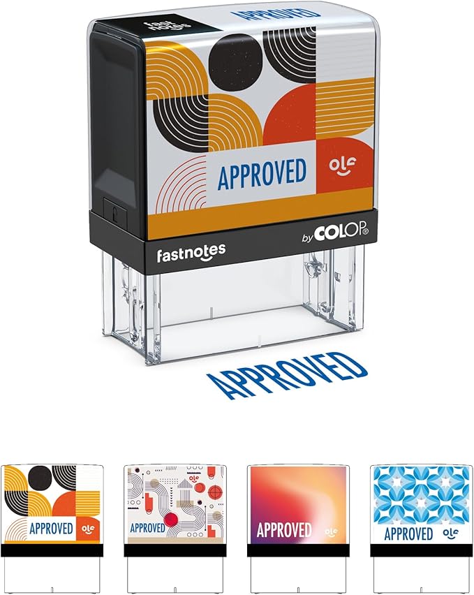 Fastnotes Approved Self-Inking Rubber Stamp by COLOP - Great for Office Documents, Notary, Warehouse, Accounting Paperwork, Business, and Legal Documentation - Blue Ink (Approved- Blue)