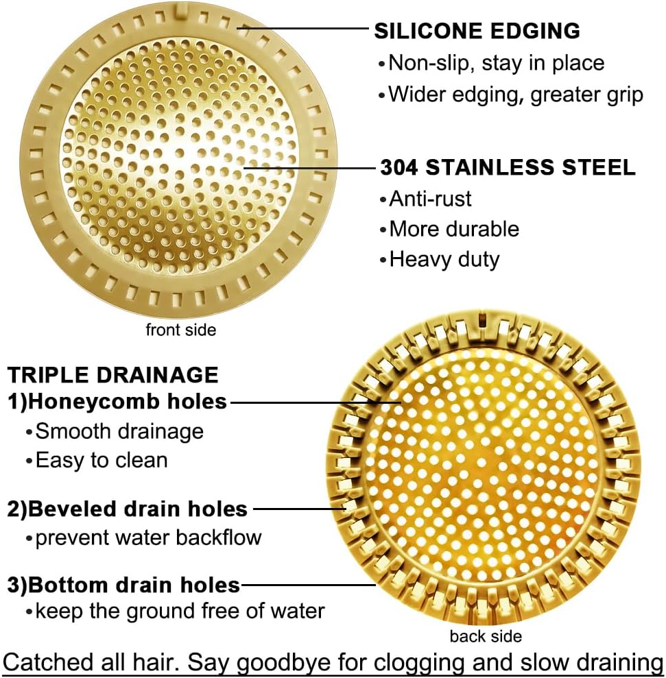 2PCS Hair Catcher Shower Drain/Strainer/Cover/Filter/Trap, Bathtub Drain Cover Hair Catcher, Hair Stopper for Bathroom Sink/Floor Drain, Stainless Steel and Silicone Drain Strainer, Gold