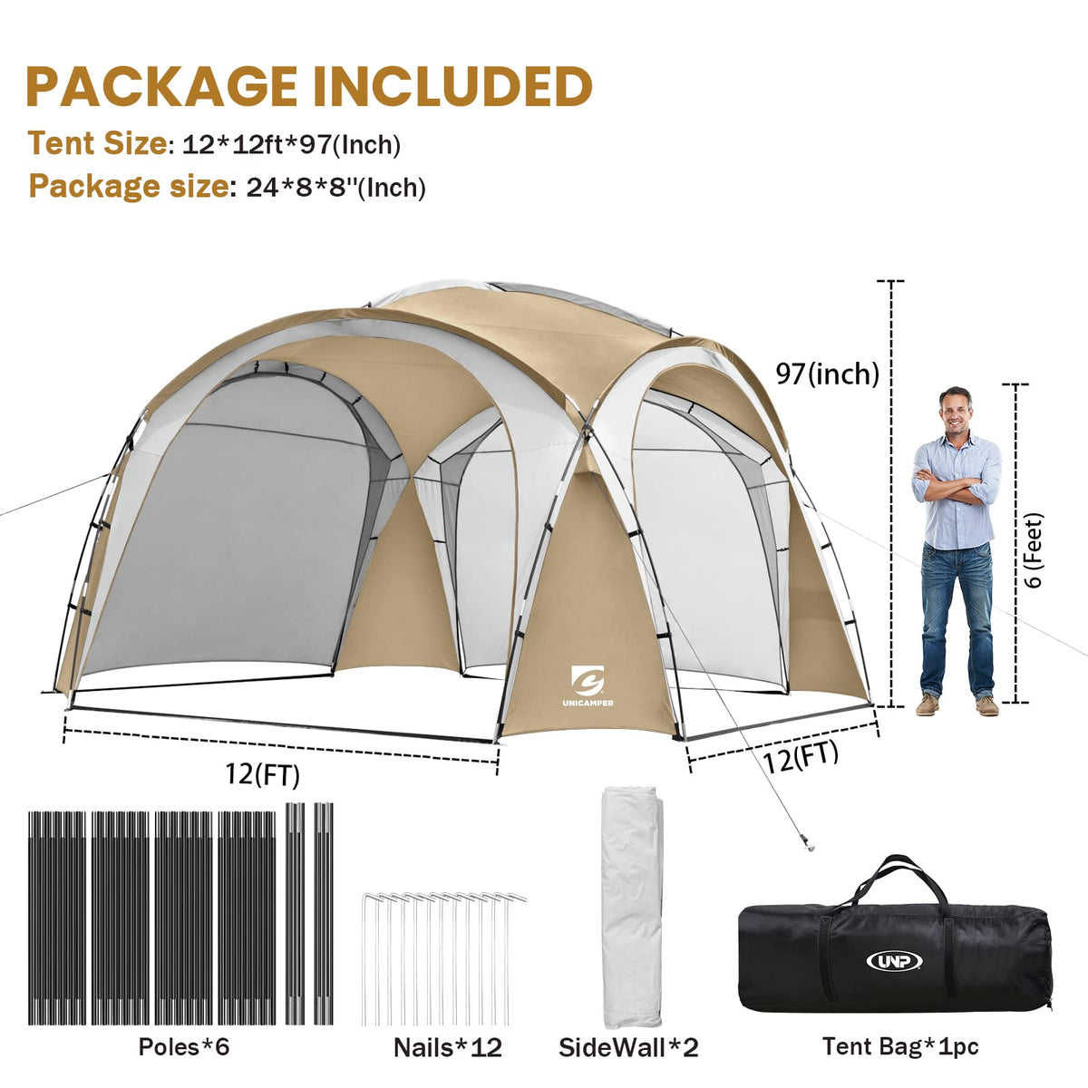 Beach Tent 12 X 12ft Large UPF50+ Pop Up Canopy with 2-Pcs Side Wall, Sun Shelter Rainproof, Waterproof for Camping Trips, Backyard Fun, Fishing, Parties, Or Picnics(Khaki-Upgrade)