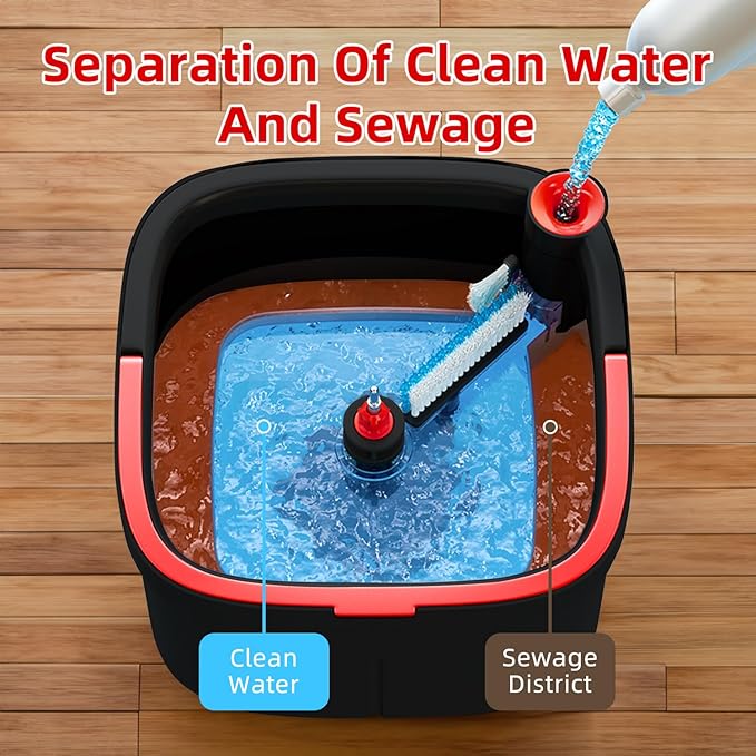 Spin Mop and Bucket Set with Separation Dirty and Clean Water System, Self Wringing 360° Rotating Clean Mop-Head and Bucket Set for Hardwood Tile Marble Floor with 2Pads-Black+Red