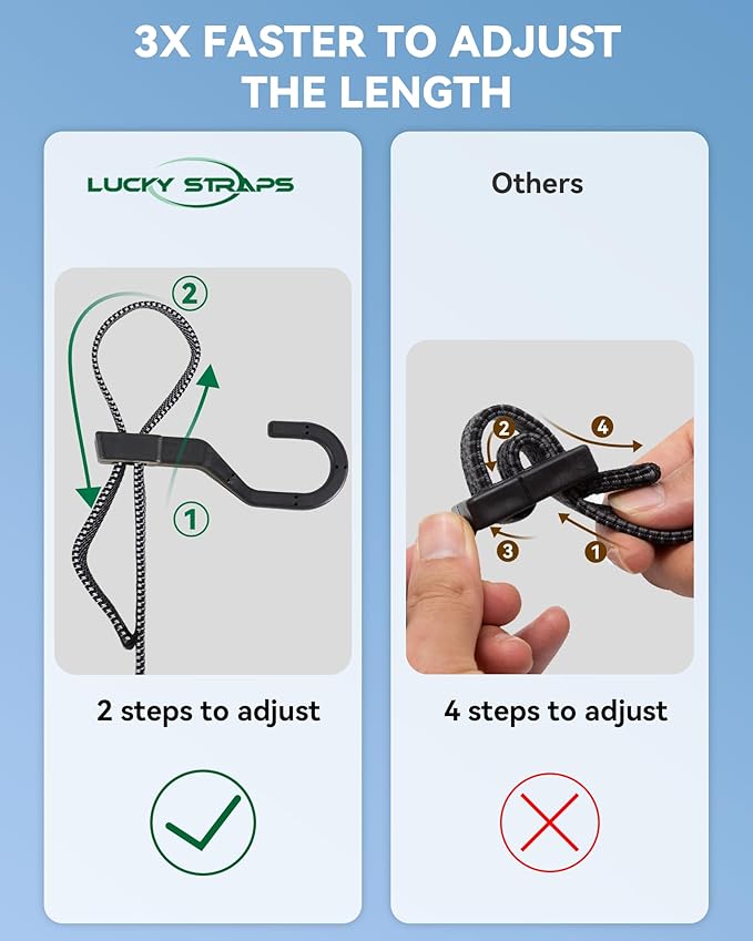 6 Pcs 40 Inch Flat Adjustable Bungee Cords with Hooks, 3X Faster to Adjust The Length, Lucky Straps Black Heavy Duty Bungee Straps for Cargo, Bike, Cart, Tent, Truck, Camping, Outdoor, etc