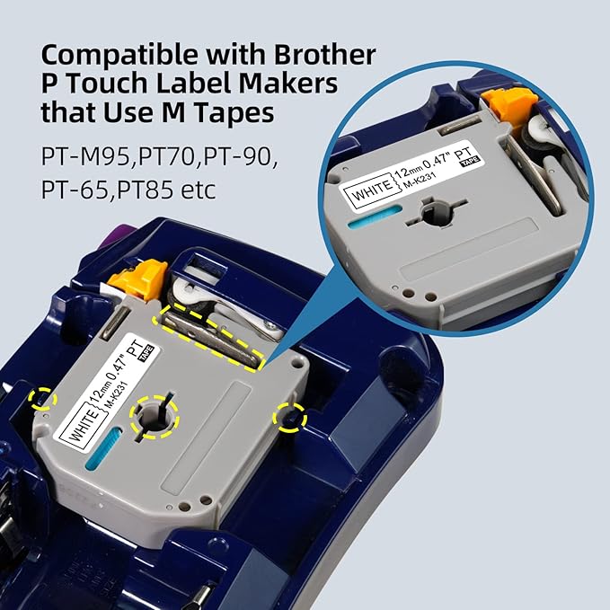 6-Pack Replacement for Brother P Touch M Tape M-K231 MK231 M-K131 MK431 MK531 MK631 MK731 12mm 0.47Inch Compatible with Brother PT-M95 PT-90 PT- PT-65 PT-70 PT-85 Label Makers