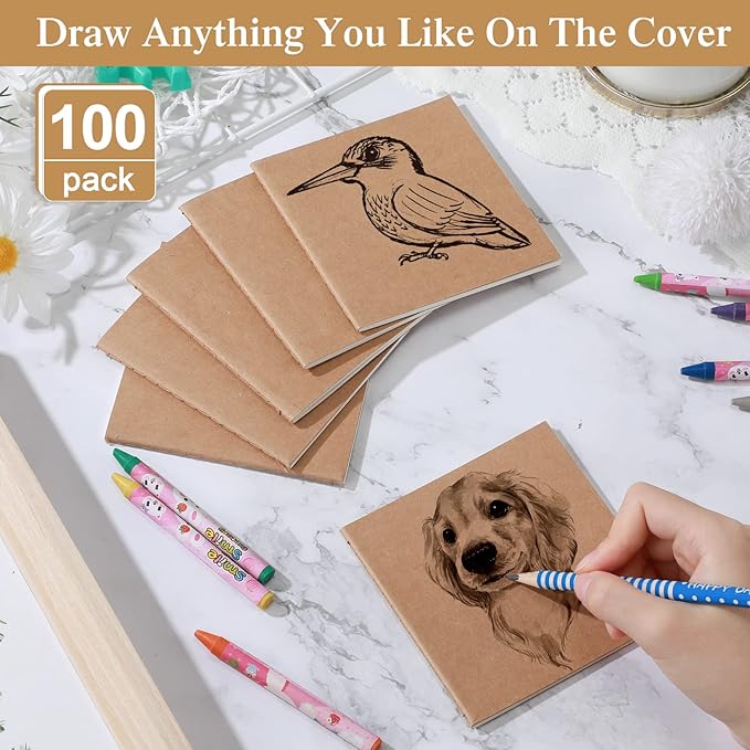 100 Pieces Mini Blank Notebook Bulk Set Small Kraft Paper Unlined Journals Pocket Journal for Kids Drawing Sketchbook Office Supplies 4 x 4 inch Small Sketchbooks with 24 Sheets (Blank Style)