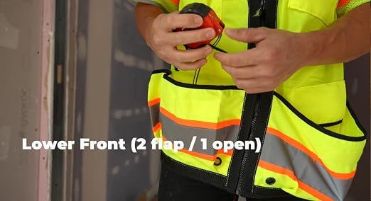 OccuNomix LUX-HDS2T3-YM Heavy Duty Solid/Mesh Two-Tone Surveyor Vest with Zipper, 8 Pockets, Class 3, 100% ANSI Polyester, Medium, Yellow (High Visibility)