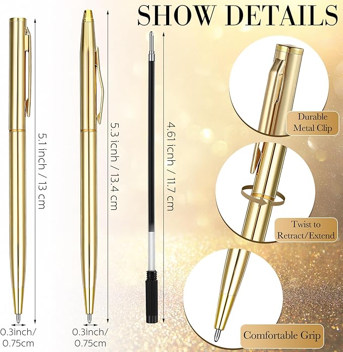 Fuutreo 150 Pack Wedding Gold Pens Bulk Gold Metal Pens Slim Ballpoint Retractable Ballpoint with Black Ink Mini Conical for Wedding Favors Guests, Office Business Teachers,1.0 mm