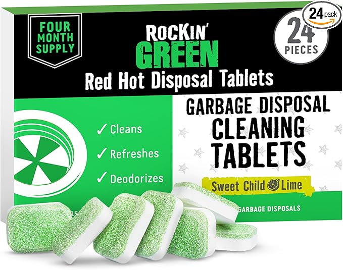 Rockin' Green Deep Cleaning and Deodorizing Tablets for Dishwashers, Washing Machines, and Garbage Disposals, Removes Odor and Residue (Garbage Disposal Cleaning Tablets, 24 Pack)