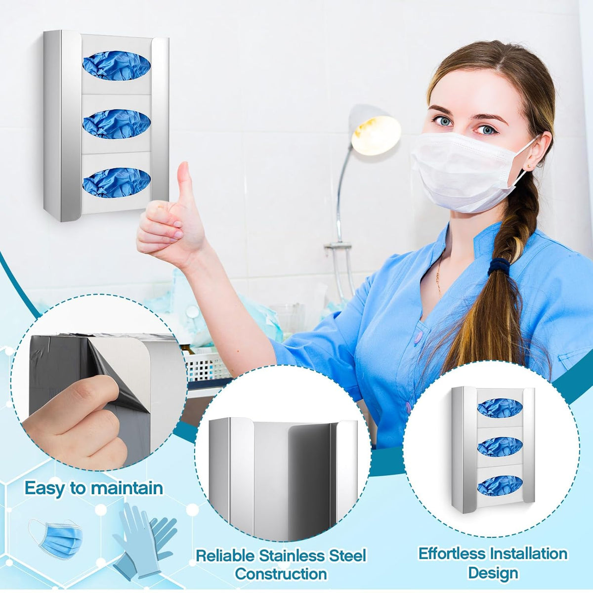 Blulu 2 Pack Glove Box Holder/Dispenser Stainless Steel Triple Wall Mounted Glove Box Organizer, 9.84"H x 14.96"W x 3.74"D