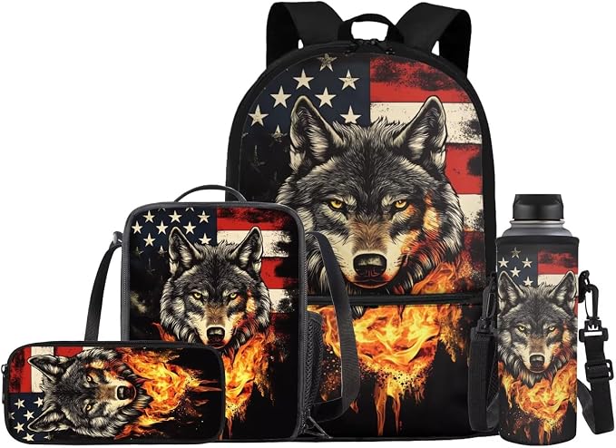 Cool Fire Wolf Backpack for Girls School Bag with Lunch Bag Pencil Case Water Bottle Holder Large Capacity American Flag Schoolbag 4 Piece Elementary School Bags Set