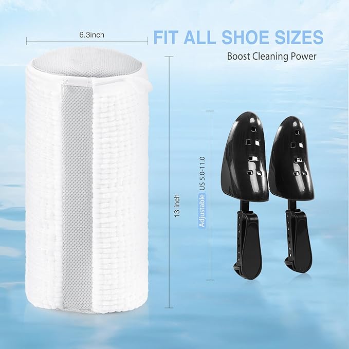 Shoe Washing Bag for Washing Machine, Fluffy Fibers Keep 360° Wrap-around Cleaning, Adjustable Shoe Trees, Durable Hidden Zipper Reusable Laundry Bag for Sneaker Gym Shoes White