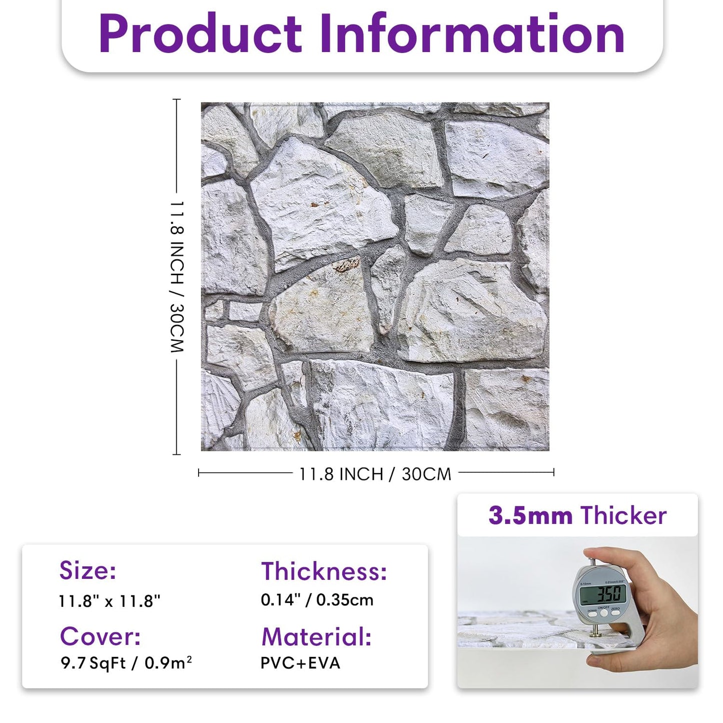 SMOOSTIKC 3D Faux Stone Wall Panels Peel and Stick, 10 Pcs 11.8" x 11.8", Stone-Look Textured Wall Sticker, Ultra-Light Thin PVC Fake Stone Wall Covering Tiles for Quick DIY, Whitewash Grey
