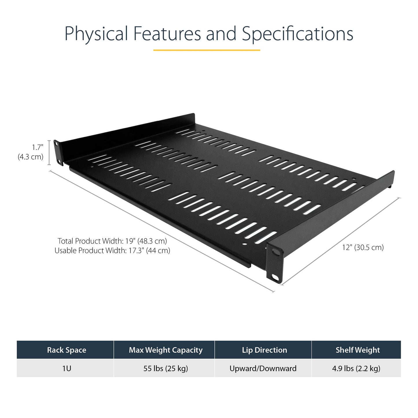 StarTech.com 1U Server Rack Shelf - Universal Vented Rack Mount Cantilever Tray for 19" Network Equipment Rack & Cabinet - Durable Design - Weight Capacity 55lb/25kg - 12" Deep (SHELF-1U-12-FIXED-V)