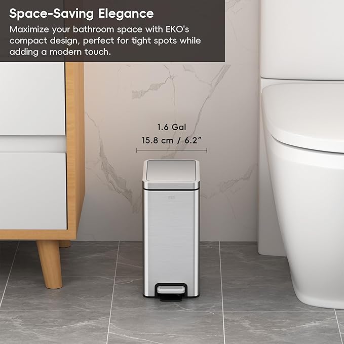 EKO Small Bathroom Trash Can with Lid Soft Close, Step Pedal, 6 Liter / 1.6 Gallon Stainless Steel Garbage Can with Removable Inner Bucket, Anti-Fingerprint Finish (Silver)