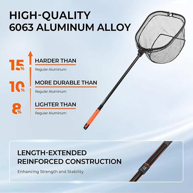 KastKing Brutus Folding Landing Net with Boat Hook, Foldable, Extendable, Lightweight & Strong, Multi-Functional Built-in Boat Hook, Non-Slip & Bright Orange TPR Handle, Two Nets Options