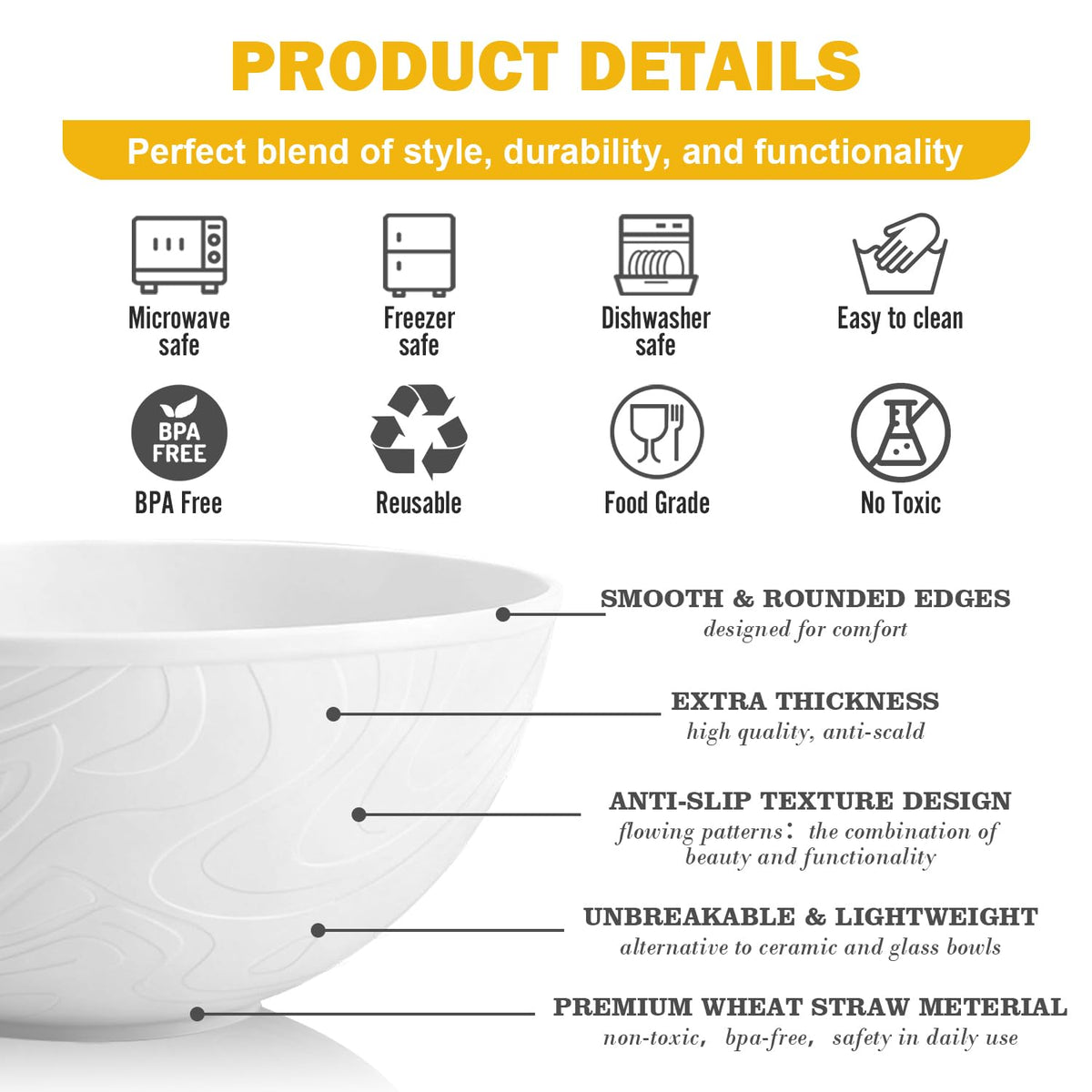 Perlapoc Wheat Straw Cereal Bowls 40 OZ, Unbreakable Bowls Set of 6, Microwave & Dishwasher Safe Bowl for Kitchen, Reusable Plastic Bowl for Cereal, Soup, Salad and Ramen, White