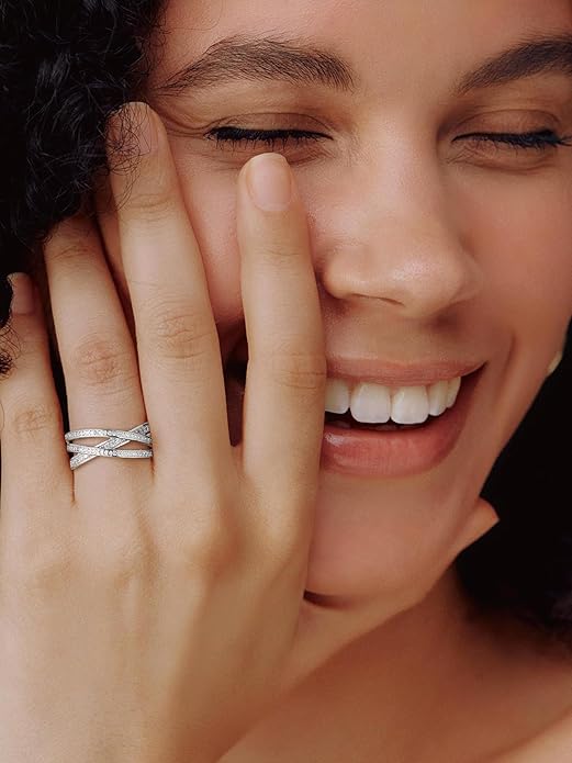 Bestyle 925 Sterling Silver Simulated Diamond CZ Criss Cross Ring for Women, Infinity Love Statement Rings CZ Eternity Engagement Wedding Band Ring for Her