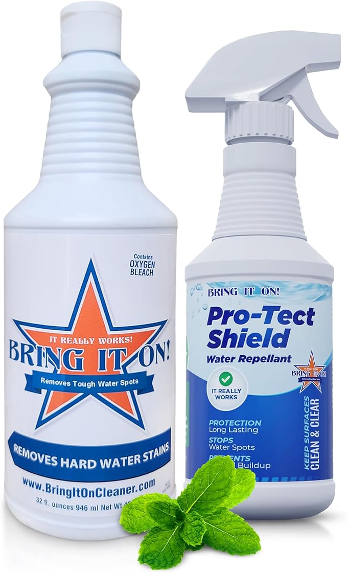 BRING IT ON! CLEANER Professional Hard Water Stain Remover & Glass Shield Sealant - Tiles, grout, Windows, Fiberglass, Chrome, Tubs, Toilets