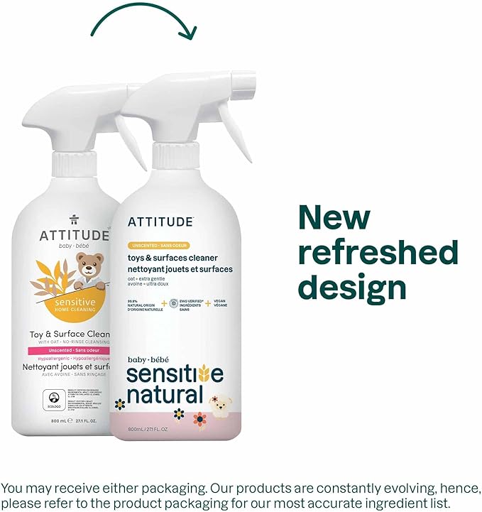 ATTITUDE Toy and Hard Surface Cleaner, Plant and Mineral Based Ingredients, Vegan, Baby and Kids Household Products, Sensitive Skin, Unscented, 27.1 Fl Oz