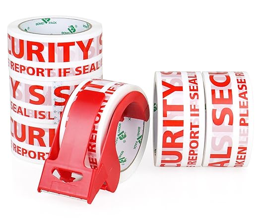 BOMEI PACK Security Seal Tape, Please Report if Seal is Broken Printing Packing Tape with Dispenser, 2.4mil 2inch x 60yds, 6Rolls Heavy Duty Fragile Tape Refills for Shipping, Moving and Sealing