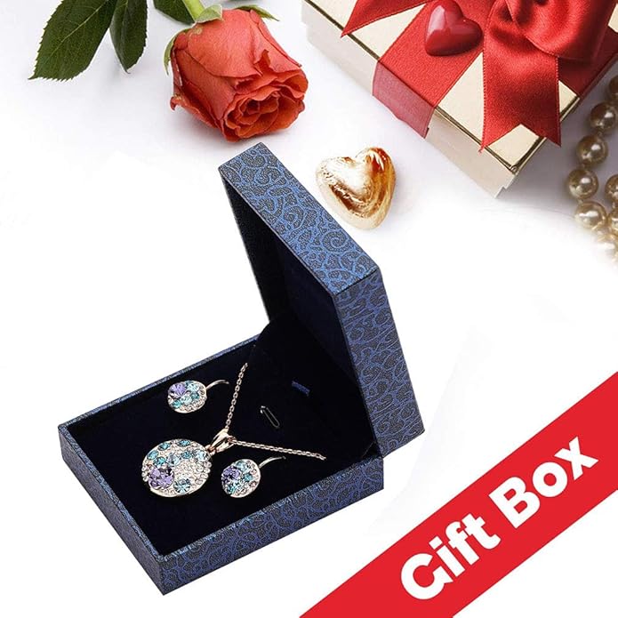 EVEVIC Austrian Crystals Round Disc Pendant Necklace Earrings for Women 14K Gold Plated Hypoallergenic Jewelry Sets
