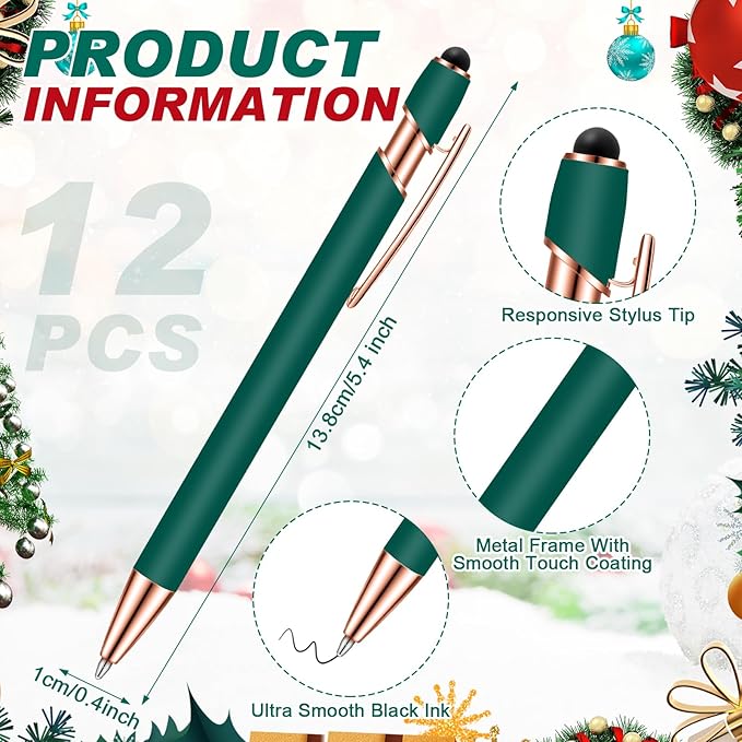 Tenare 12 Pieces 2 in 1 Stylus Metal Ballpoint Pen with Stylus Tip, 1.0 mm Black Ink Ballpoint Pen for Touch Screens(Red and Green)