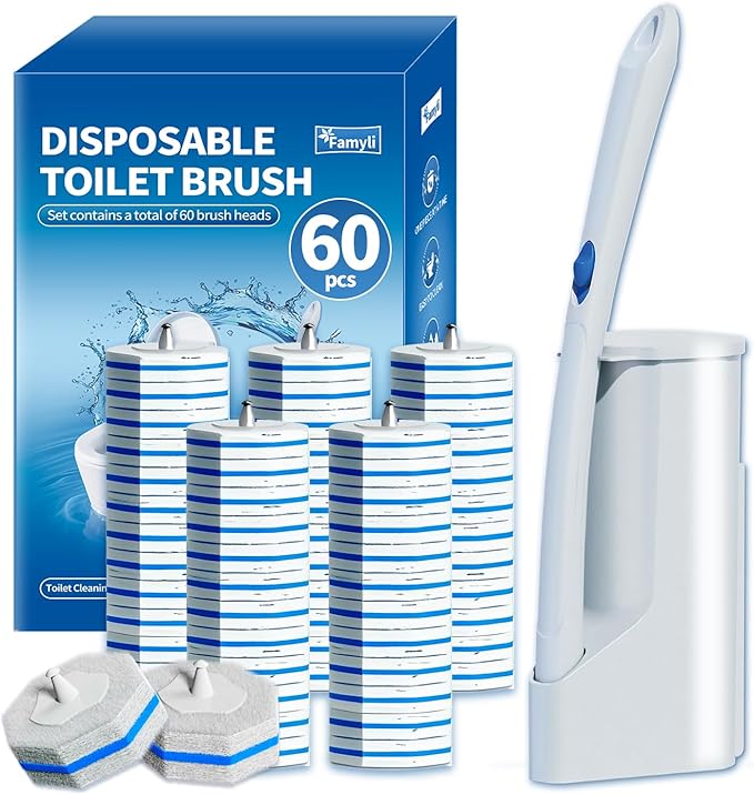Disposable Toilet Brush Set with 60 Replacement Heads, Toilet Cleaning Replacement Pads, Starter Kit with Storage Case for Deep Cleaning and Hygienic Bathroom Maintenance