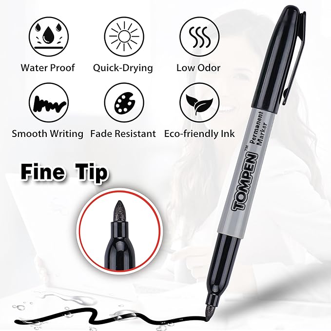 Black Permanent Markers,Fine Tip,48 Count Bulk,Waterproof Permanent Marker Pens with Quick Drying on Wood,Plastic,Paper,Metal,Mirror for Office School Classroom Home