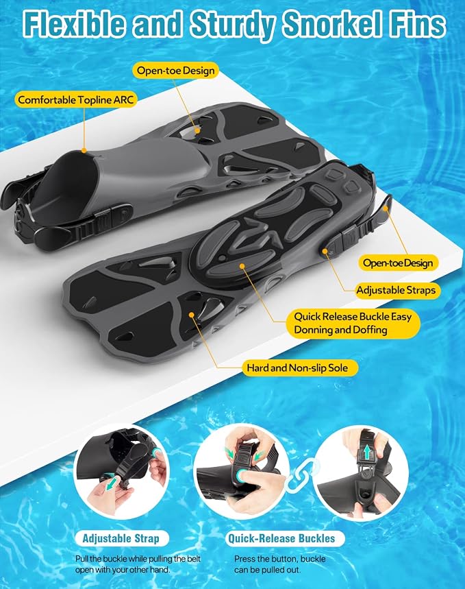 Snorkel Set with Fins for Adults, Snorkeling Gear for Adults Men and Women, Snorkle, Mask Set Adults Dry Top Snorkel Mask Combo Set with Travel Bag for Snorkeling, Diving, Swimming