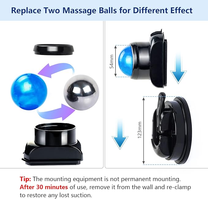 Massage Ball, Mountable Muscle Massage Roller for Pain Relief, Suction Cup Self Back Massager Roller and Trigger Point Massager to Relieve Muscle Knots, Hands-Free - 2 Balls