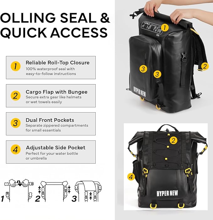 30L Waterproof Dry Bag Backpack | Breathable back. 500D PVC with roll-top waterproof design. Suitable for hiking, fishing, water sports, daily commute & travel