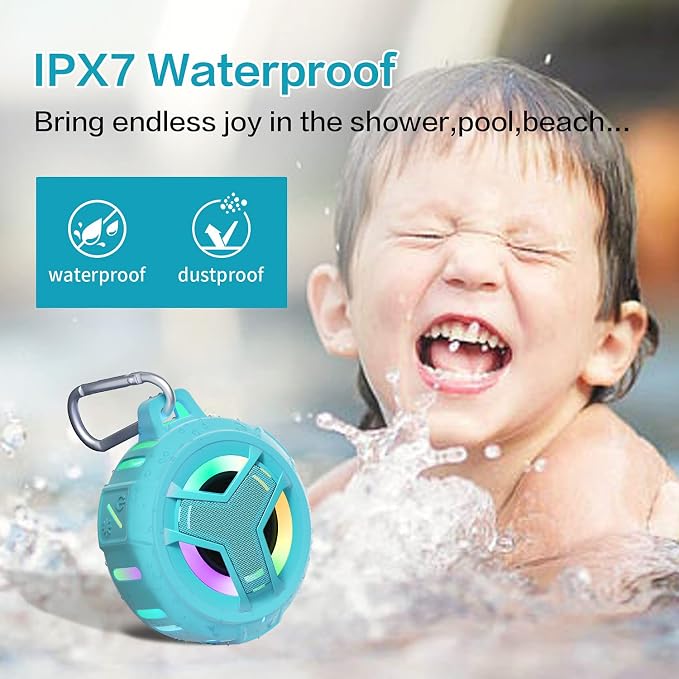 EBODA Waterproof Bluetooth Shower Speaker, IPX7 Floating Portable Wireless Small Speakers, 24H Playtime with RGB Light for Kayak, Beach, Pool Accessories, Gifts for unisex -Sky Blue