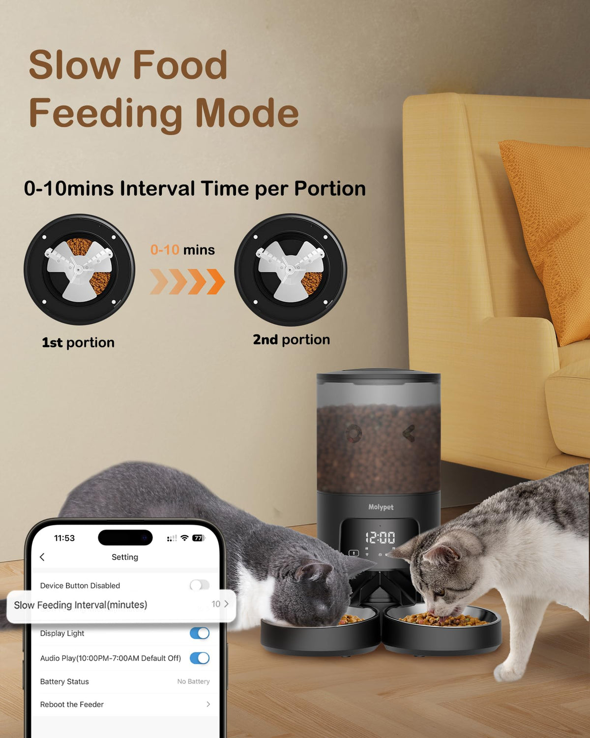 Molypet Automatic Cat Feeder 2 Cats - 5G WiFi Pet Feeder with APP Control, 6L Dry Food Dog Feeder with Blockage Alarms, 1-10 Meals Per Day