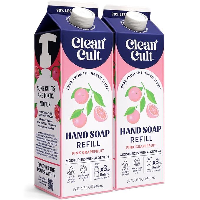 Cleancult Liquid Hand Soap Refill - Pink Grapefruit- Moisturizes Dry & Sensitive Skin - Made with Aloe Vera & Essential Oils - Eco Friendly - Paper-Based Packaging - 32 oz/2 Pack