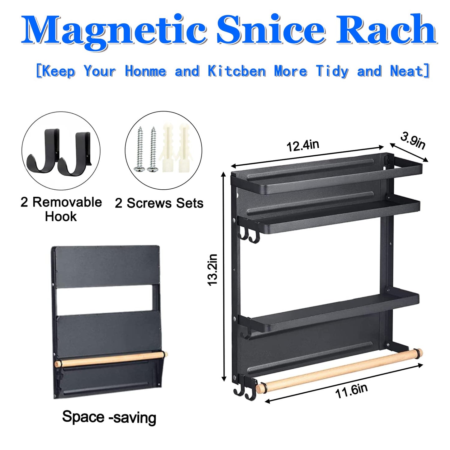 Dr.BeTree Magnetic Spice Rack for Refrigerator Magnetic Paper Towel Holder for Fridge Magnetic Shelf Magnetic Shelves Fridge Magnet Organizer Spice Rack Kitchen Organization Kitchen Storage Black