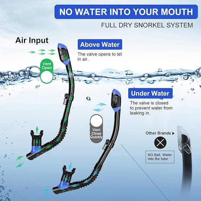 Odoland Snorkel Set, Adults Snorkeling Packages with Dry Top Diving Mask, Adjustable Swim Fins, Mesh Bag, Anti-Fog Anti-Leak Snorkeling Gear for Men Women