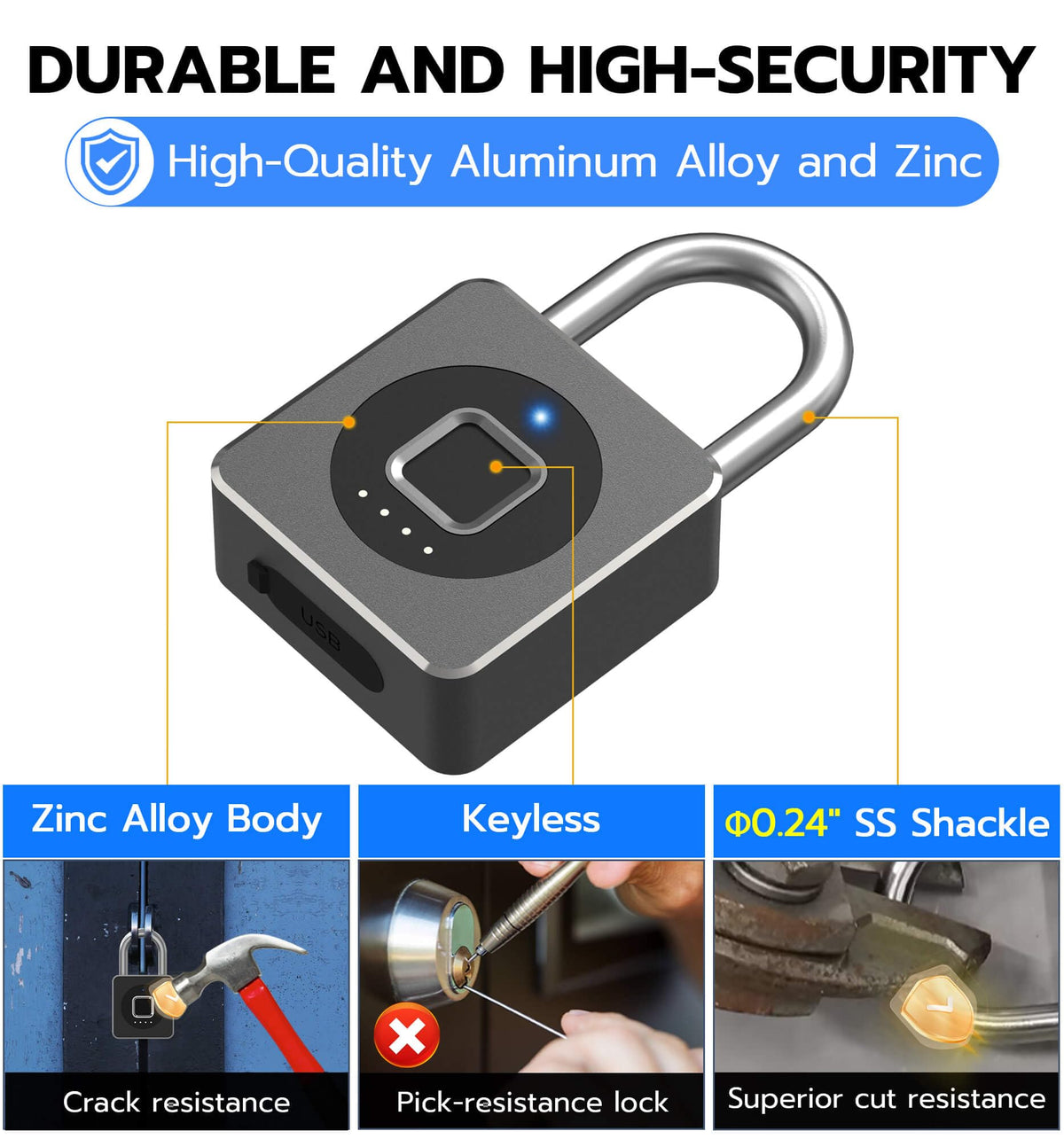 eLinkSmart Fingerprint Gym Locker Lock, Keyless Biometric Padlock, Weatherproof Electronic Digital Bluetooth App Smart Combo Pad Lock for Outdoor Fence Gate School Locker Storage Pool Shed - Black