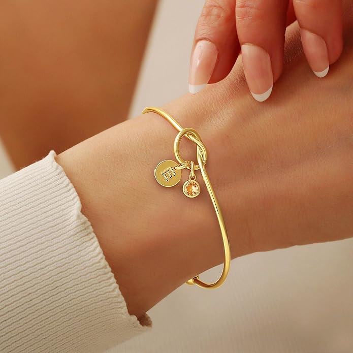 Turandoss Valentines Day Gifts for Women Girls, Dainty 14K Gold Plated 12 Months Disc Initial A-Z Birthstone Heart Knot Bangle Bracelet Birthday Bridesmaid Valentines Jewelry Gifts for Teen Girls