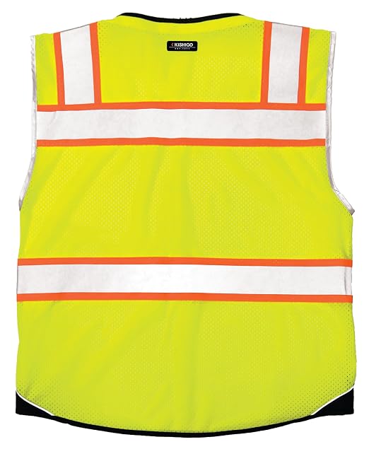 Kishigo Unisex High Visibility Reflective Premium Black Series Black Bottom Vest 1515, Zipper Closure, Polyester, ANSI 107 Type R/Class 2, Construction, Utility, Waste Management (Lime, 5X)