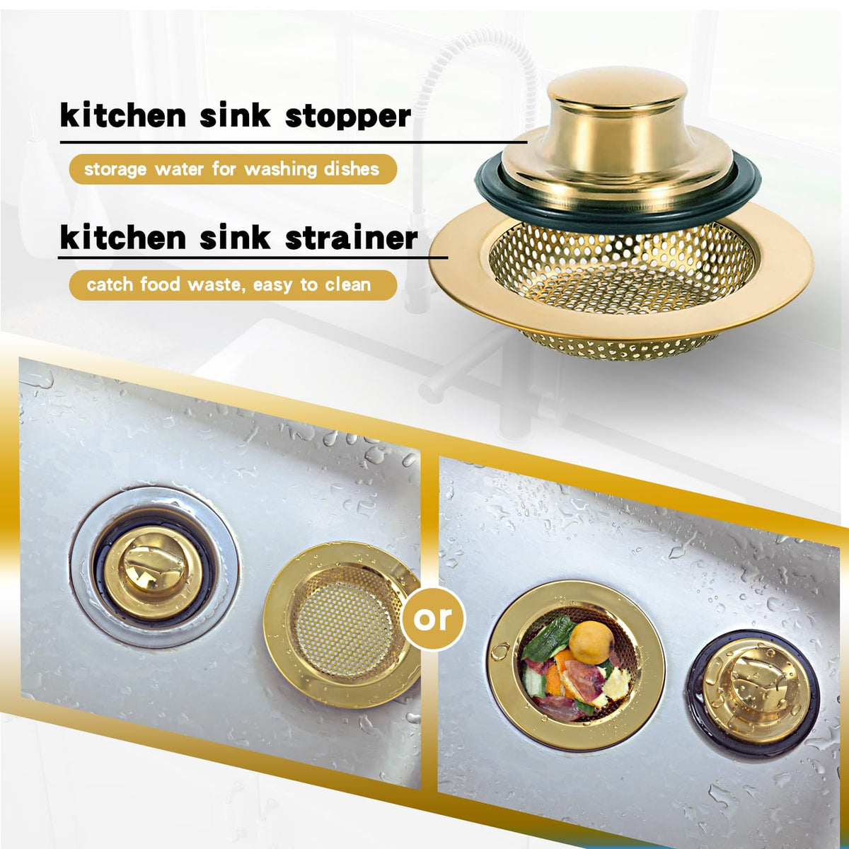 RQYEKDO Kitchen Sink Strainers Sink Stopper Kits, Stainless Steel Sink Drain Strainer Set, Large Wide Rim 4.4" Diameter Food Catcher Garbage Disposal Plug for Most Sink Drains Basket Filter (Gold)
