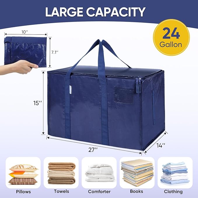 TICONN 2 Pack Extra Large Moving Bags with Zippers & Carrying Handles, Heavy-Duty Storage Tote Moving Boxes for Space Saving (2 Pack, Navy)