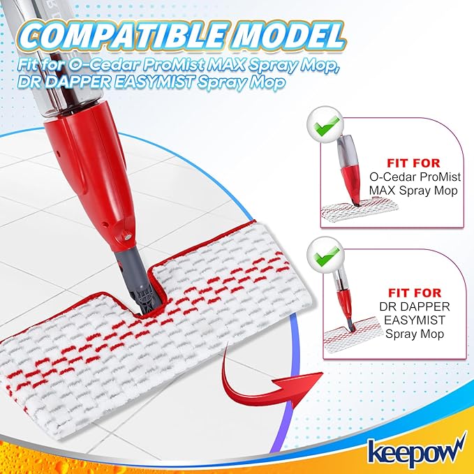 KEEPOW Mop Pads Refills Deep Clean Compatible with O-Cedar Promist Max Spray Mop Double-Side Deep Clean Washable Reusable Flip Mop Pads Replacement for Stubborn Stain Cleaning, 2 Packs