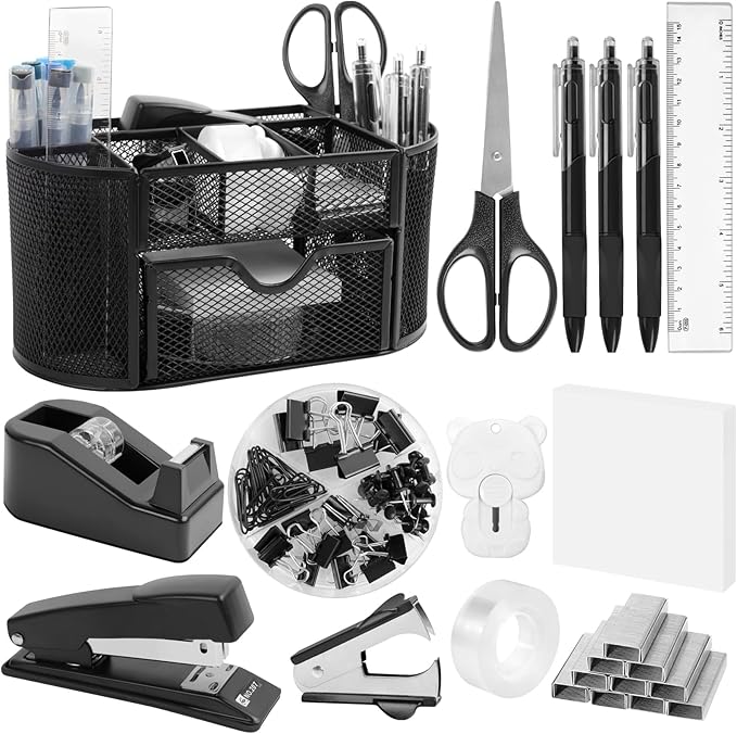 Office Supplies for Desk,14pcs Black Desk Sets and Accessories, Office Supply Kit with Mesh Desktop Organizer and Stapler,Staple Remover, Staples,Tape Dispenser,Sticky Tabs,Scissors, Ruler