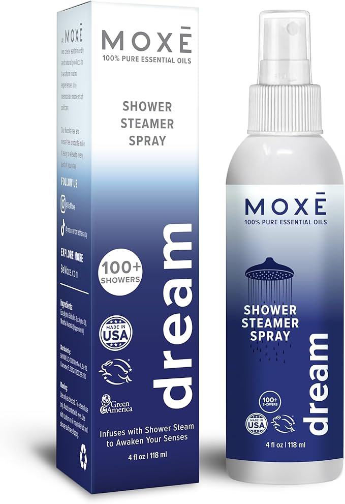 MOXĒ Dream Lavender & Chamomile Shower Mist, Spa Steam Spray, Certified Natural Essential Oils, Aromatherapy, Tension Relief, USA Made, 4 Ounces