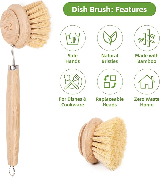 Eco-Friendly Kitchen Brush Set, Bamboo Dish Brush with Handle 3 Replacement Heads, Vegetable Scrubber Natural Sisal Fiber for Effective Cleaning Non-Stick Pans, Pots, Utensils