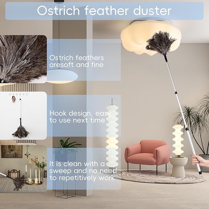 THARAHT Extendable Ostrich Feather Duster up to 25-49 inches Fluffy Feathers Long Handle Reusable for Cleaning Ceiling Fan Pendant lamp High Ceiling Blinds Furniture Feather Duster